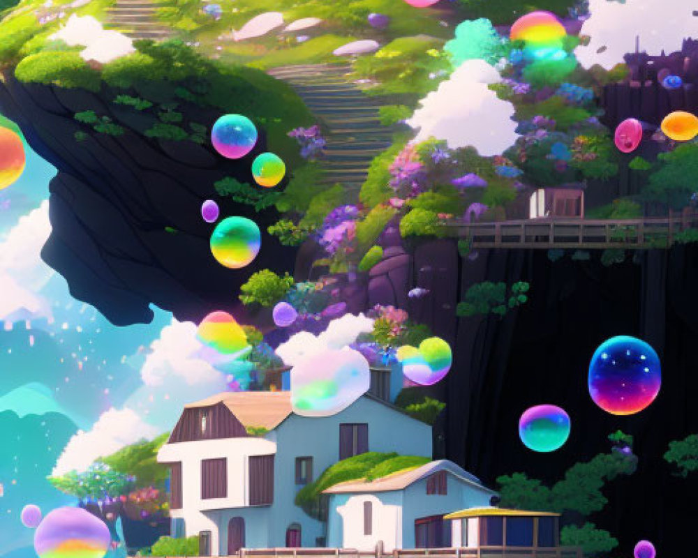 Colorful trees, floating bubbles, and houses on cliffs in vibrant landscape