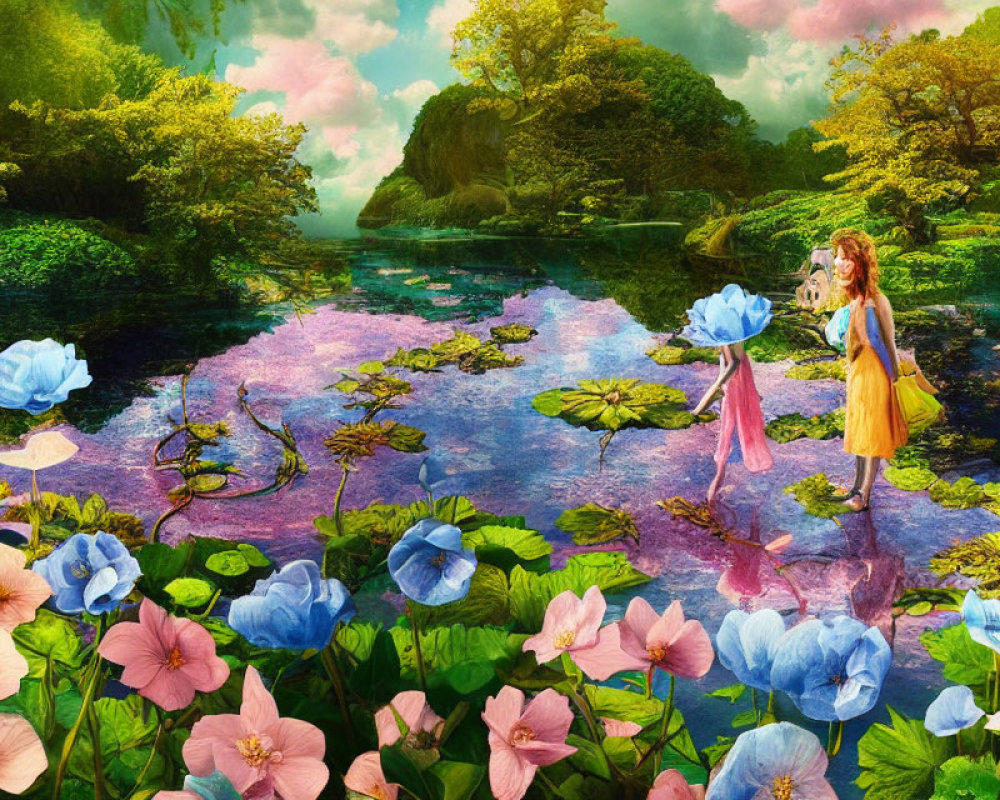 Fantasy landscape with two girls, oversized flowers, river, sunny sky