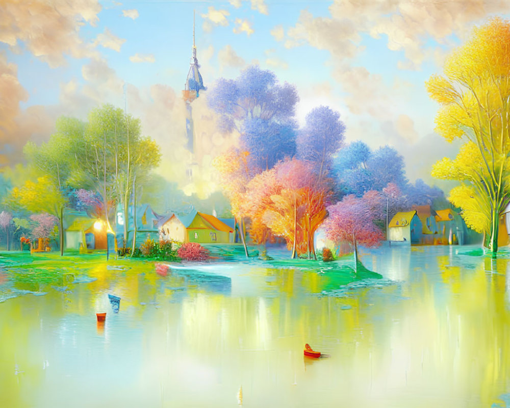 Colorful painting of village, trees, river, and sky.