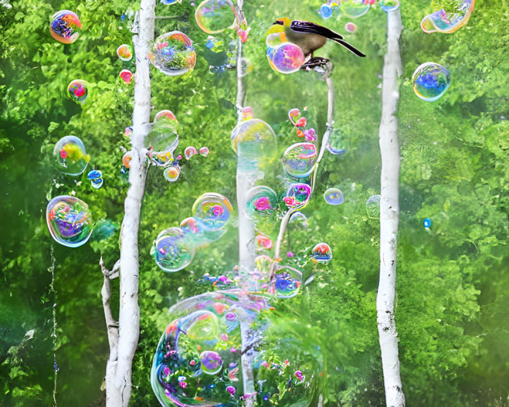 Bird Flying Among Iridescent Soap Bubbles and Birch Trees