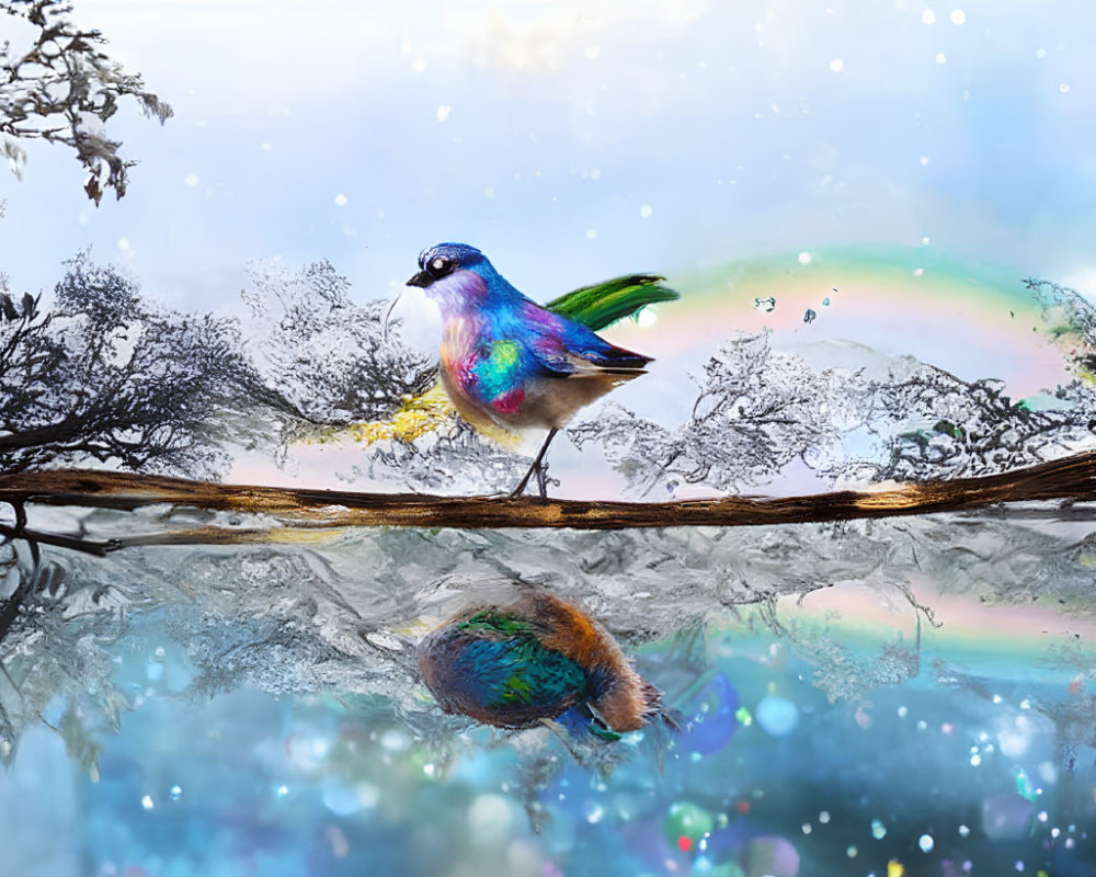 Colorful bird on branch with reflection in water and soft-focus background.