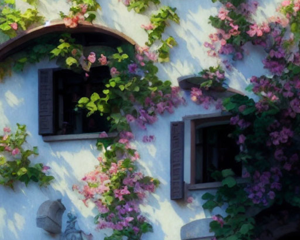 White building with ivy, pink flowers, brown shutters, and arched doorway