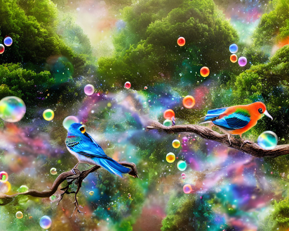 Colorful bird on twisted branch amid fantastical green foliage, bubbles, and starry nebula