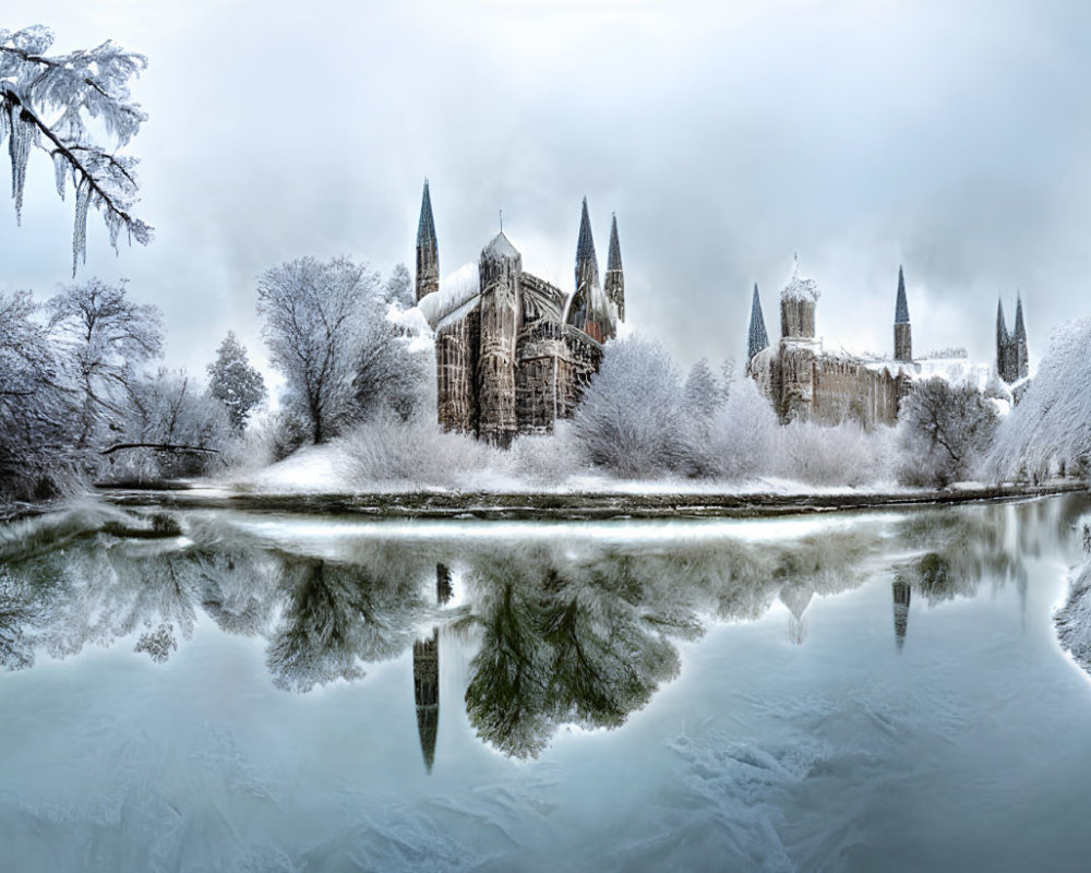 Snow-covered Gothic cathedral reflected in tranquil river amidst winter scenery