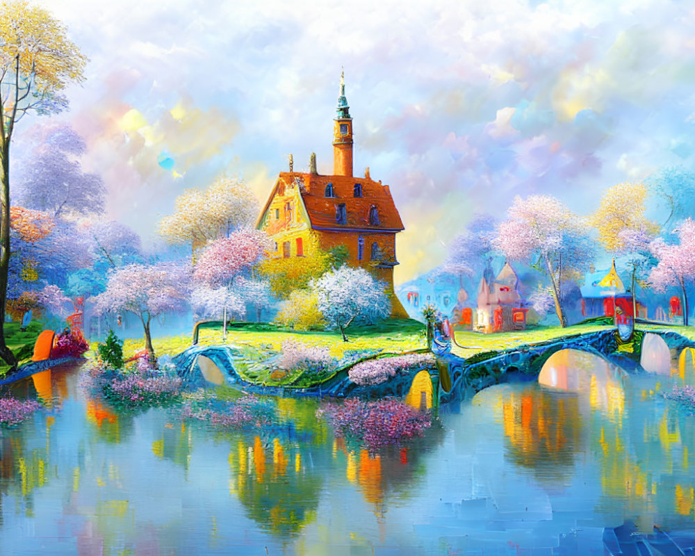 Scenic painting of village church, blooming trees, stone bridge, and colorful sky