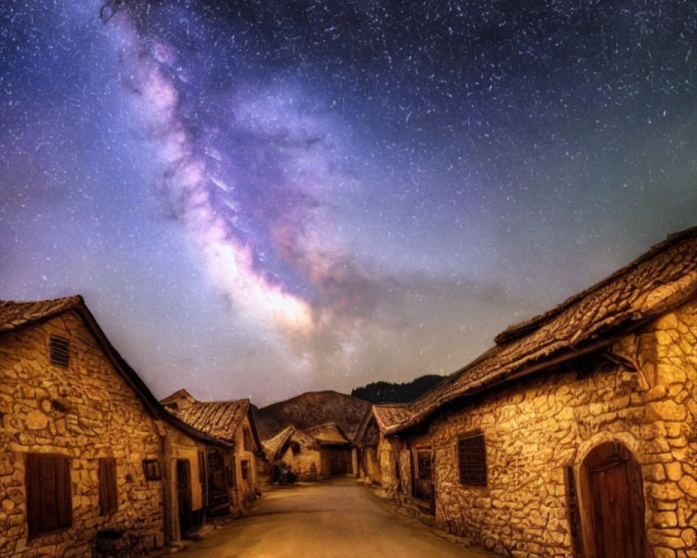 Village Street with Stone Houses under Starry Night Sky