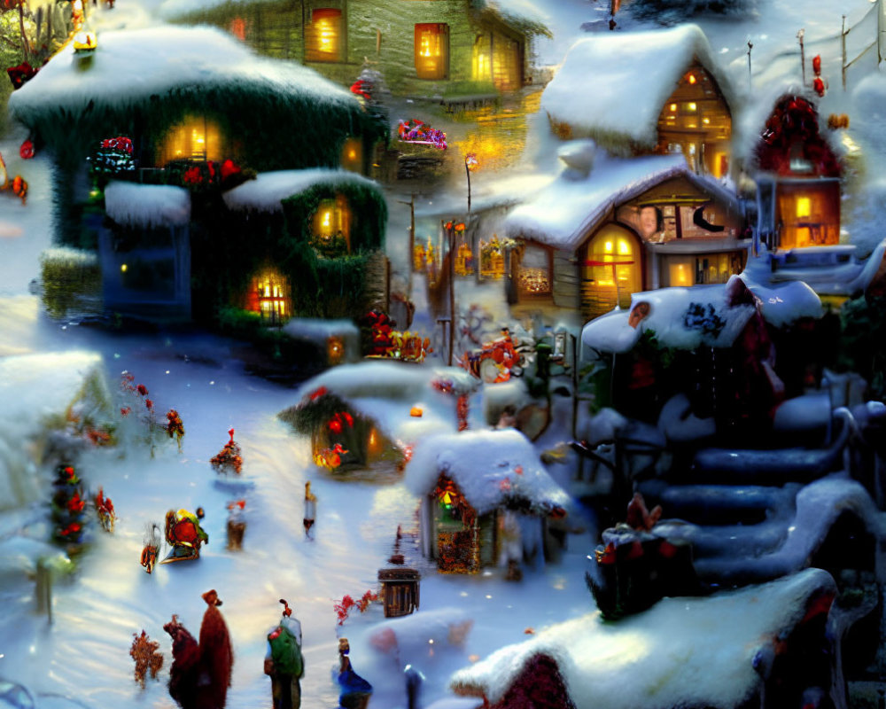 Snow-covered winter village with illuminated houses and villagers on snowy path