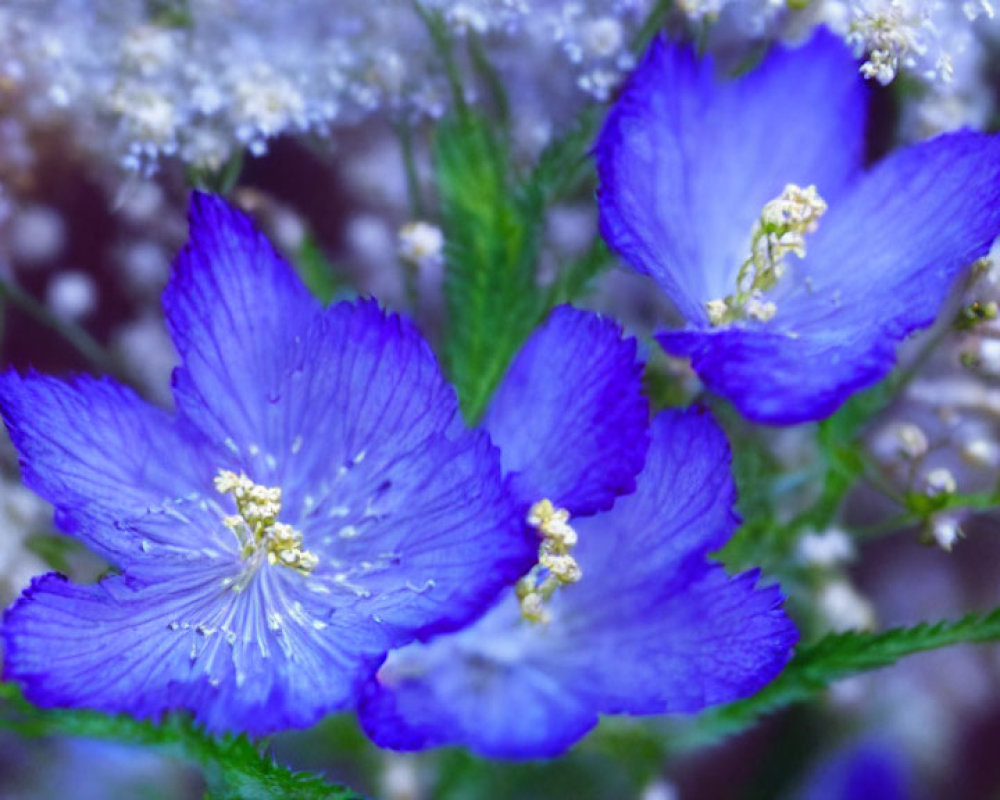 Beautiful Blue Flowers with White Stamens and Green Foliage