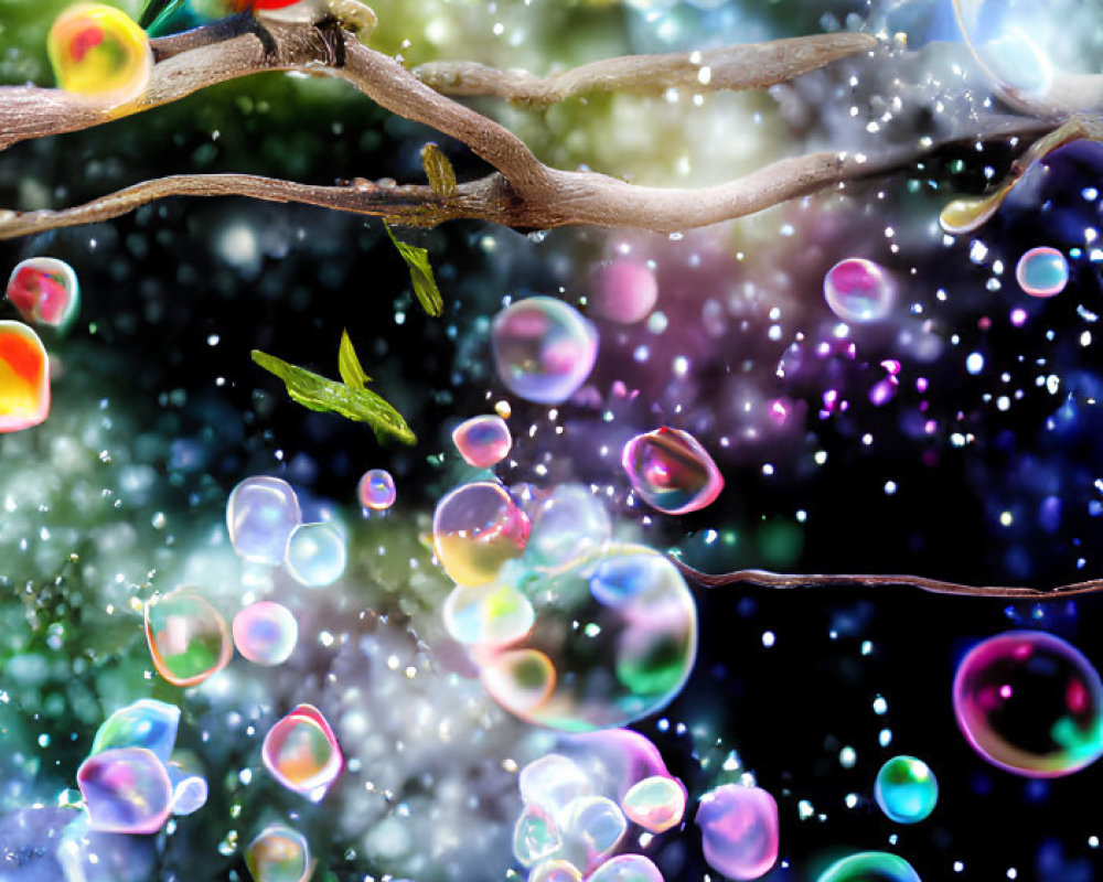 Colorful Bird Perched on Branch in Magical Glowing Bubble and Bokeh Scene