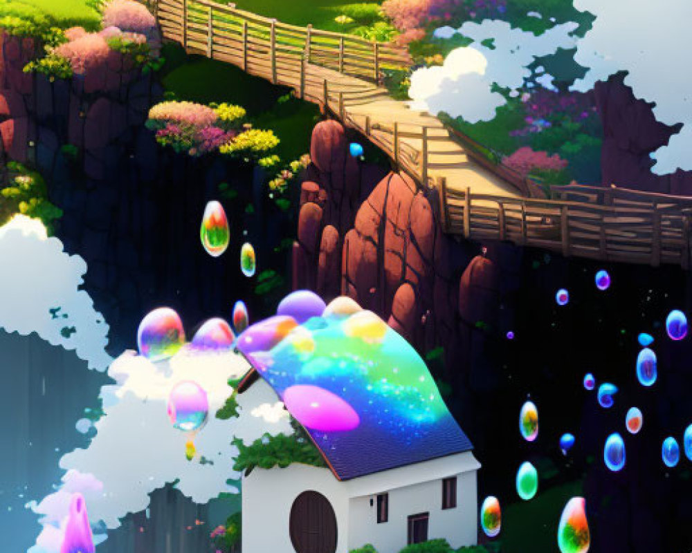 Colorful landscape with houses on cliffs, floating bubbles, and serene water