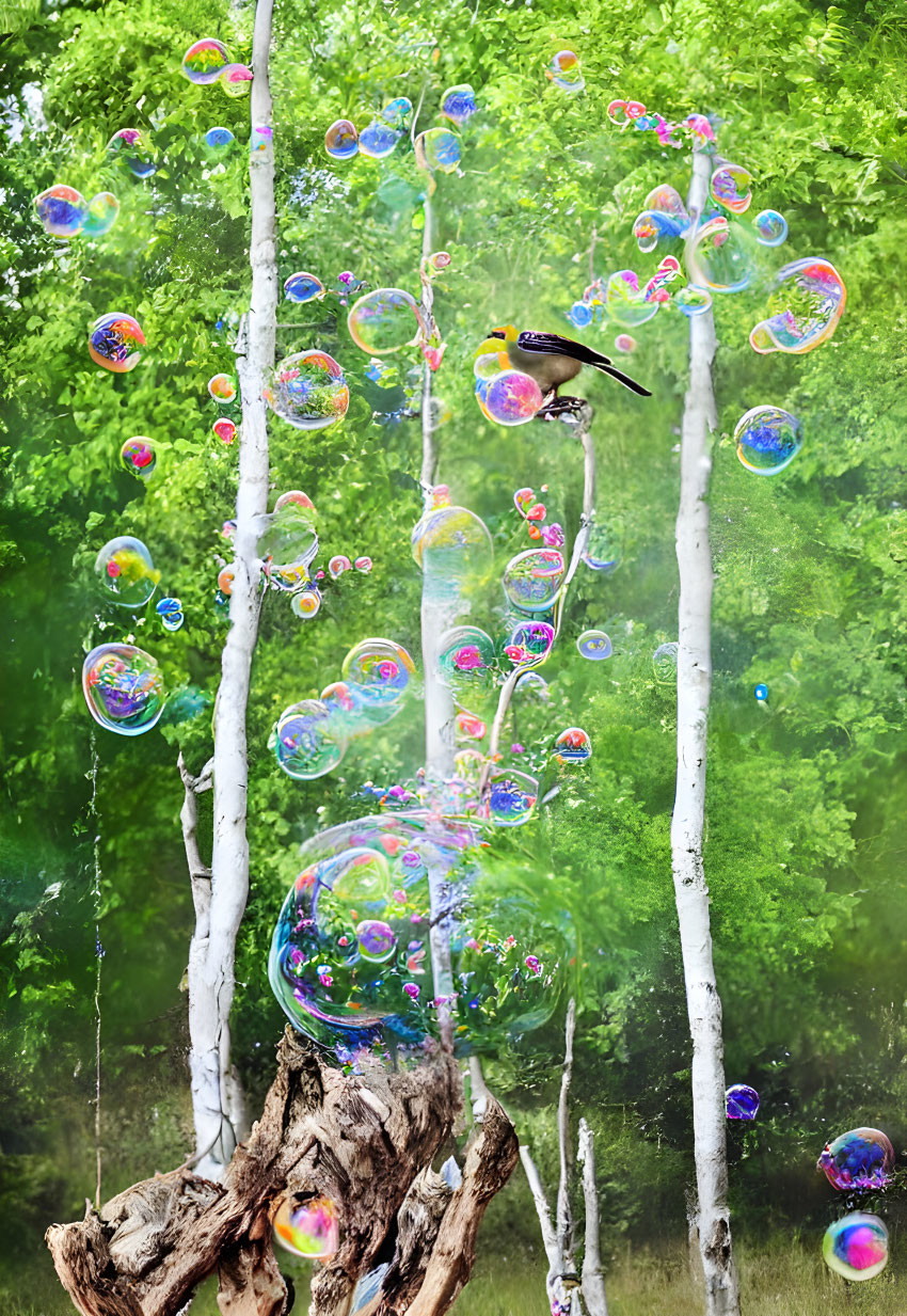 Bird Flying Among Iridescent Soap Bubbles and Birch Trees