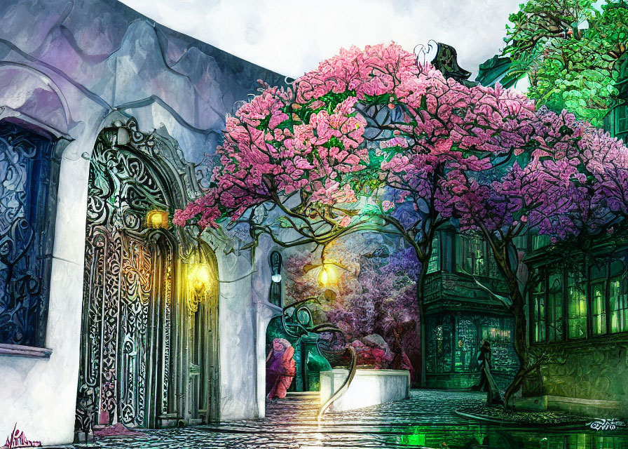 Colorful fantasy streetscape with pink trees, ornate buildings, and sculptural street lamp.