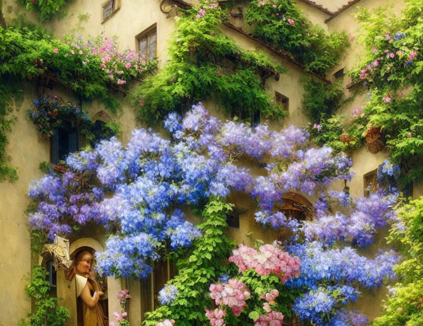 Woman with umbrella by charming house with colorful flowers and greenery