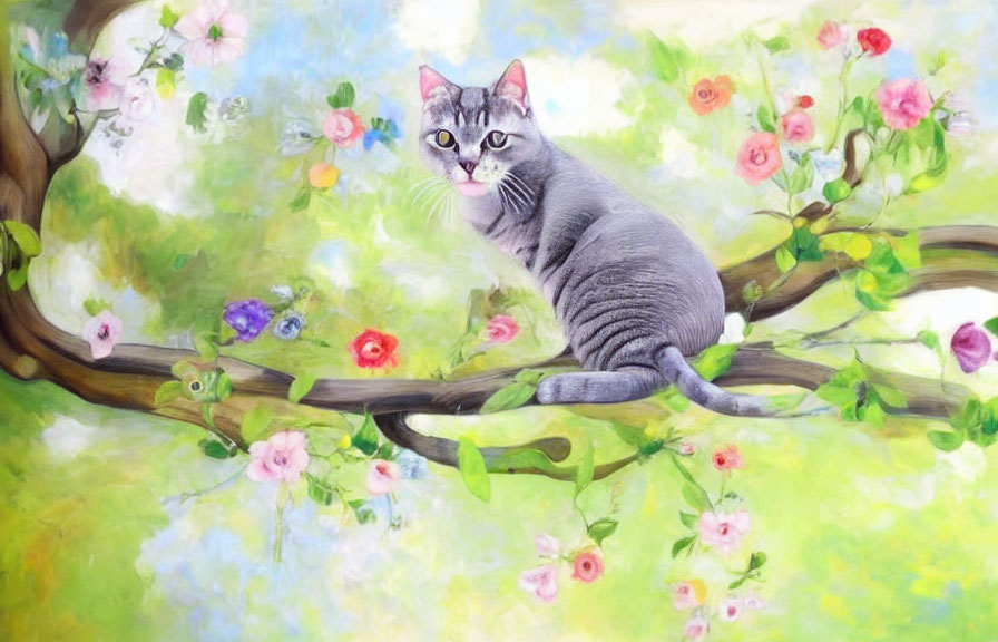 Grey Tabby Cat with Blue Eyes on Blooming Tree Branch in Vibrant Painting