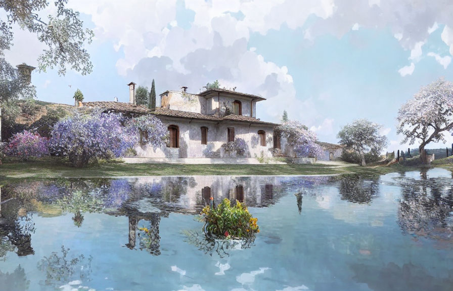 Country House with Tiled Roof Surrounded by Flowering Trees and Tranquil Pond