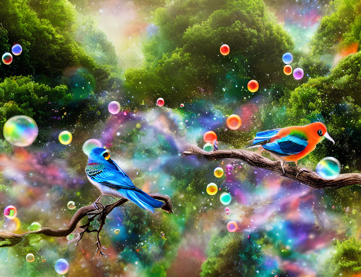 Colorful bird on twisted branch amid fantastical green foliage, bubbles, and starry nebula