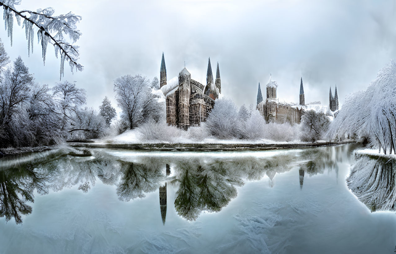 Snow-covered Gothic cathedral reflected in tranquil river amidst winter scenery