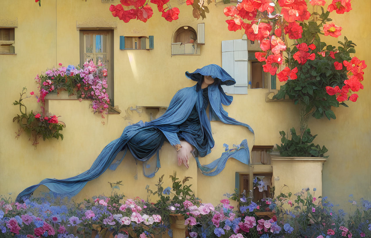 Surreal image: Woman in flowing blue garments on floral staircase