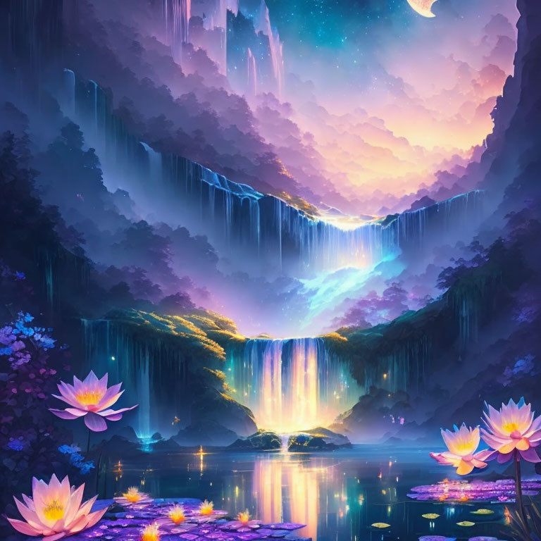 Fantasy Landscape with Glowing Waterfalls and Lotus Flowers