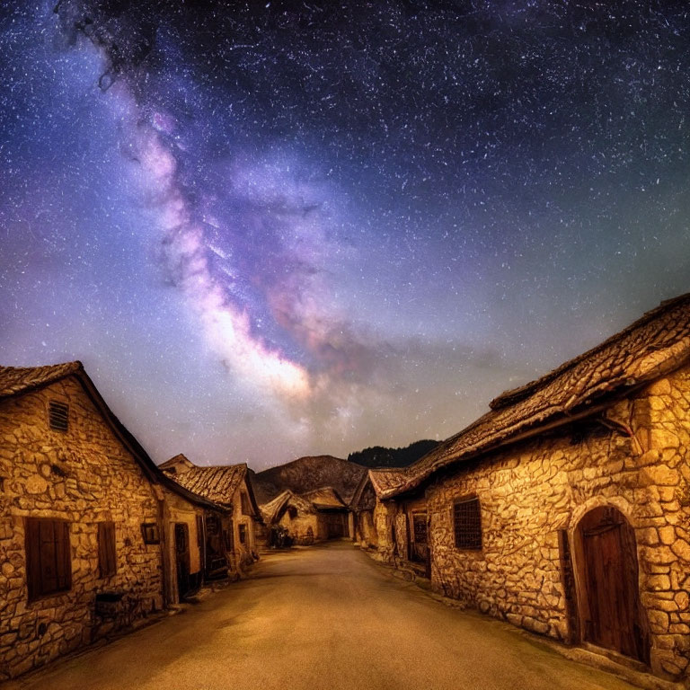 Village Street with Stone Houses under Starry Night Sky