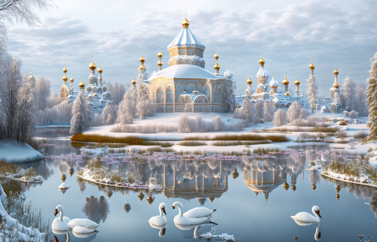 Snow-covered cathedral and swans on mirror-like lake in winter landscape