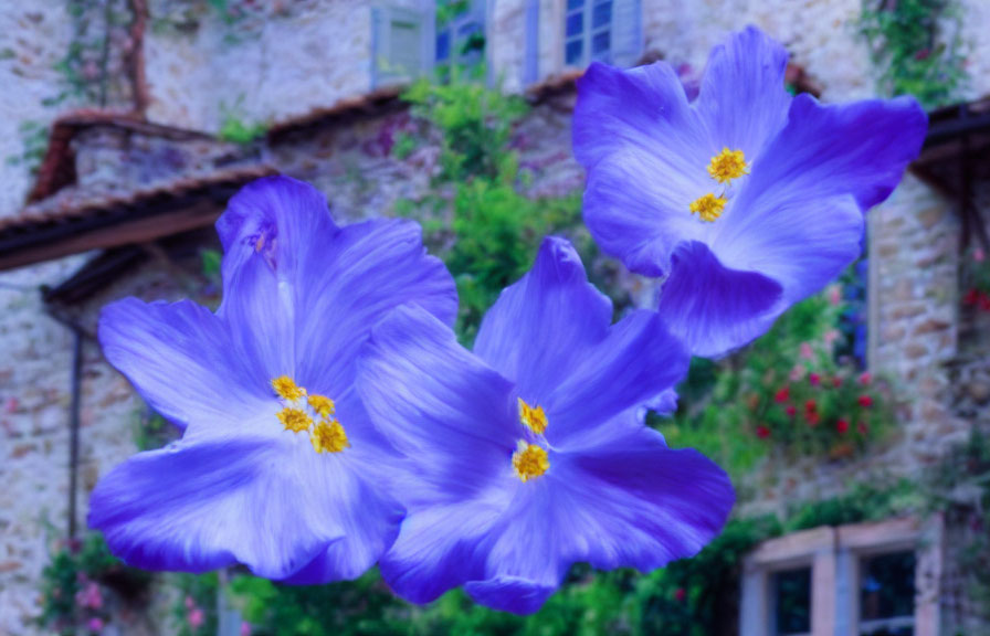 Three vibrant purple flowers with yellow centers on blurred stone building background.