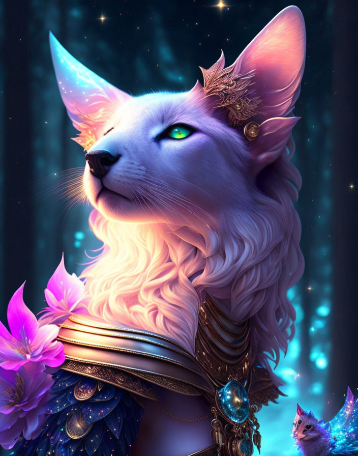 Majestic blue-eyed wolf illustration with luminous fur and ornate jewelry