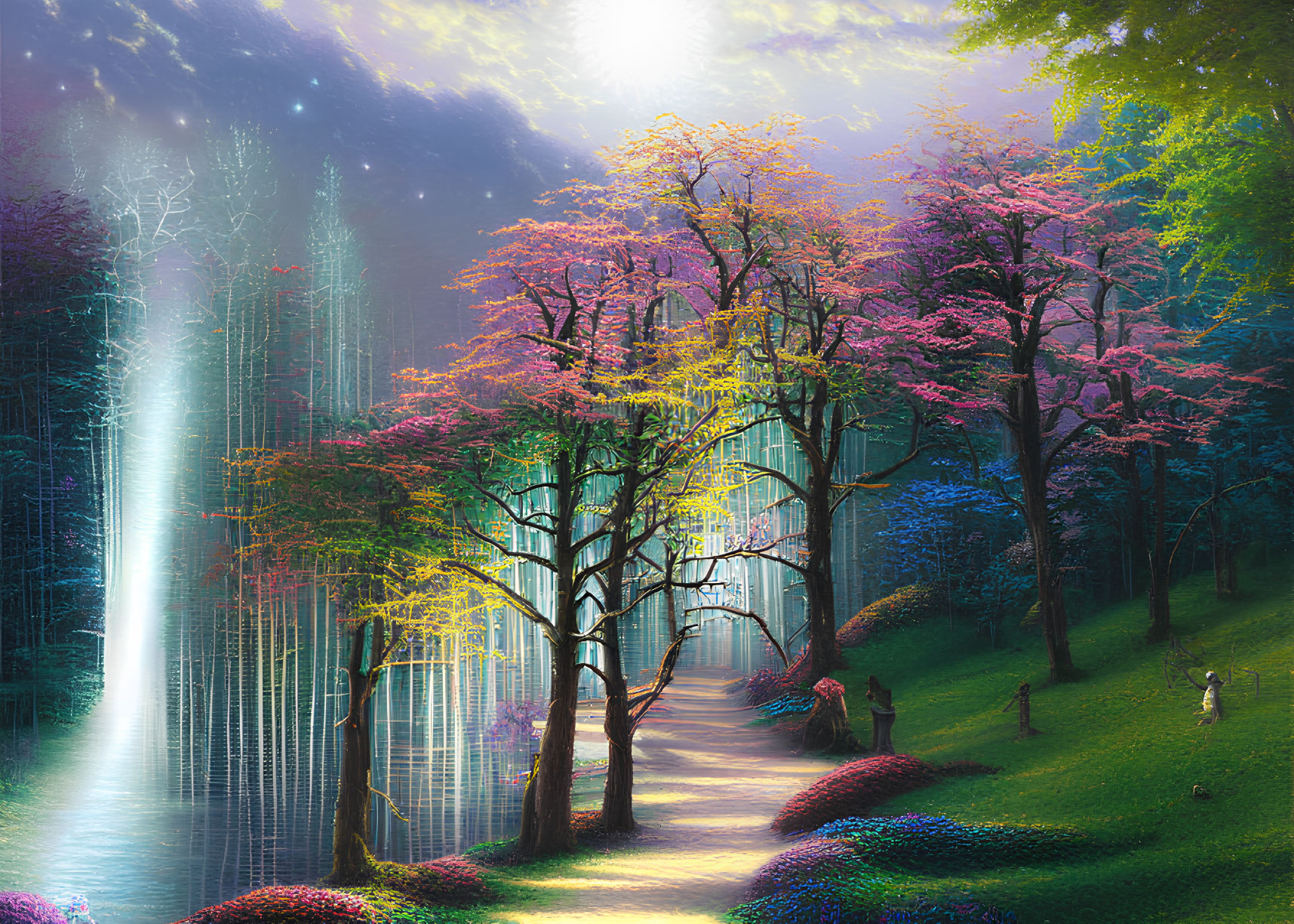 Enchanting forest scene with vibrant trees, glowing path, serene waterfall, and hidden structure.