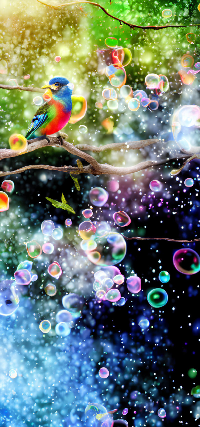 Colorful Bird Perched on Branch in Magical Glowing Bubble and Bokeh Scene