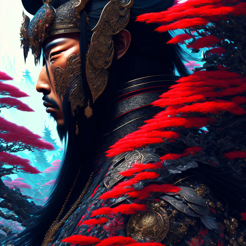 Warrior in ornate armor with red feather plumes in mystical flora setting