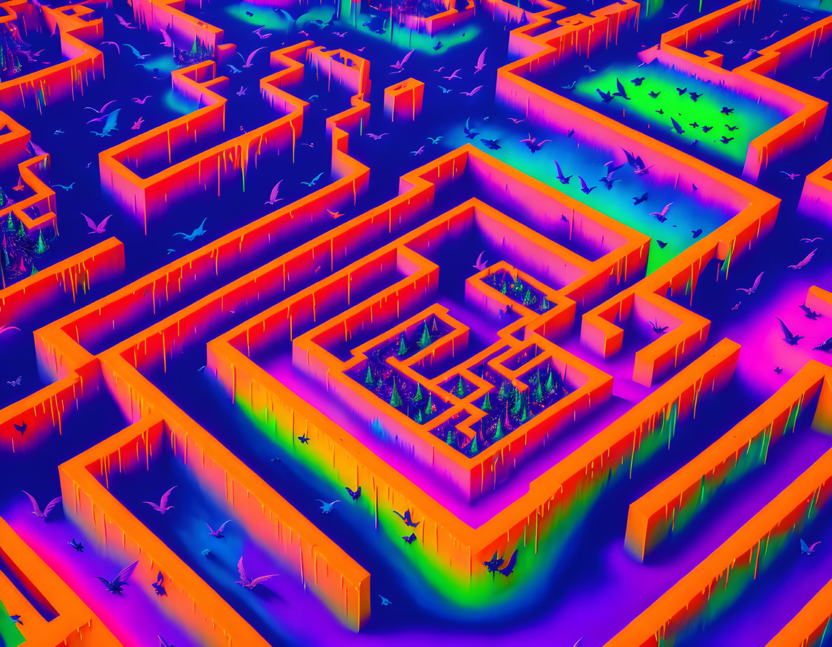 Neon-colored digital artwork: Vibrant maze with purple, orange, and green gradient