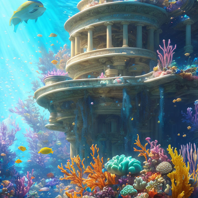 Sunken classical building in colorful coral reef with tropical fish