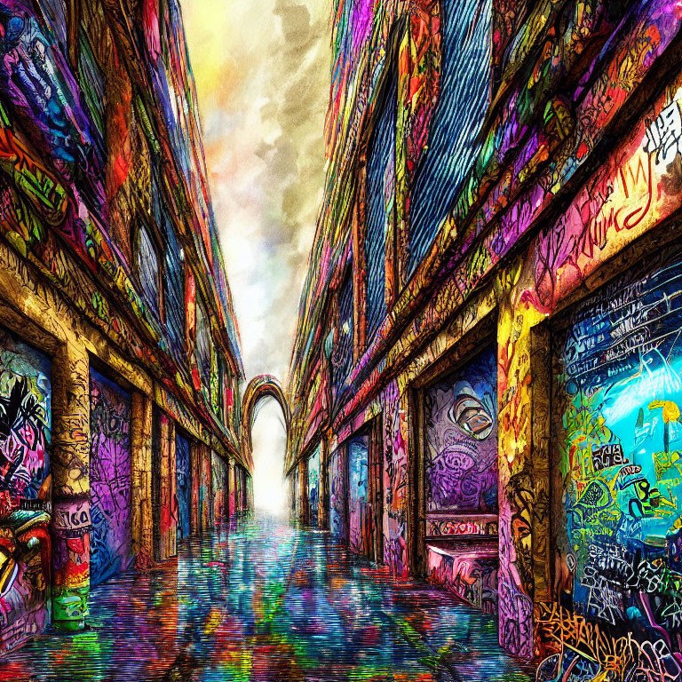 Colorful graffiti art on vibrant street under sunset sky