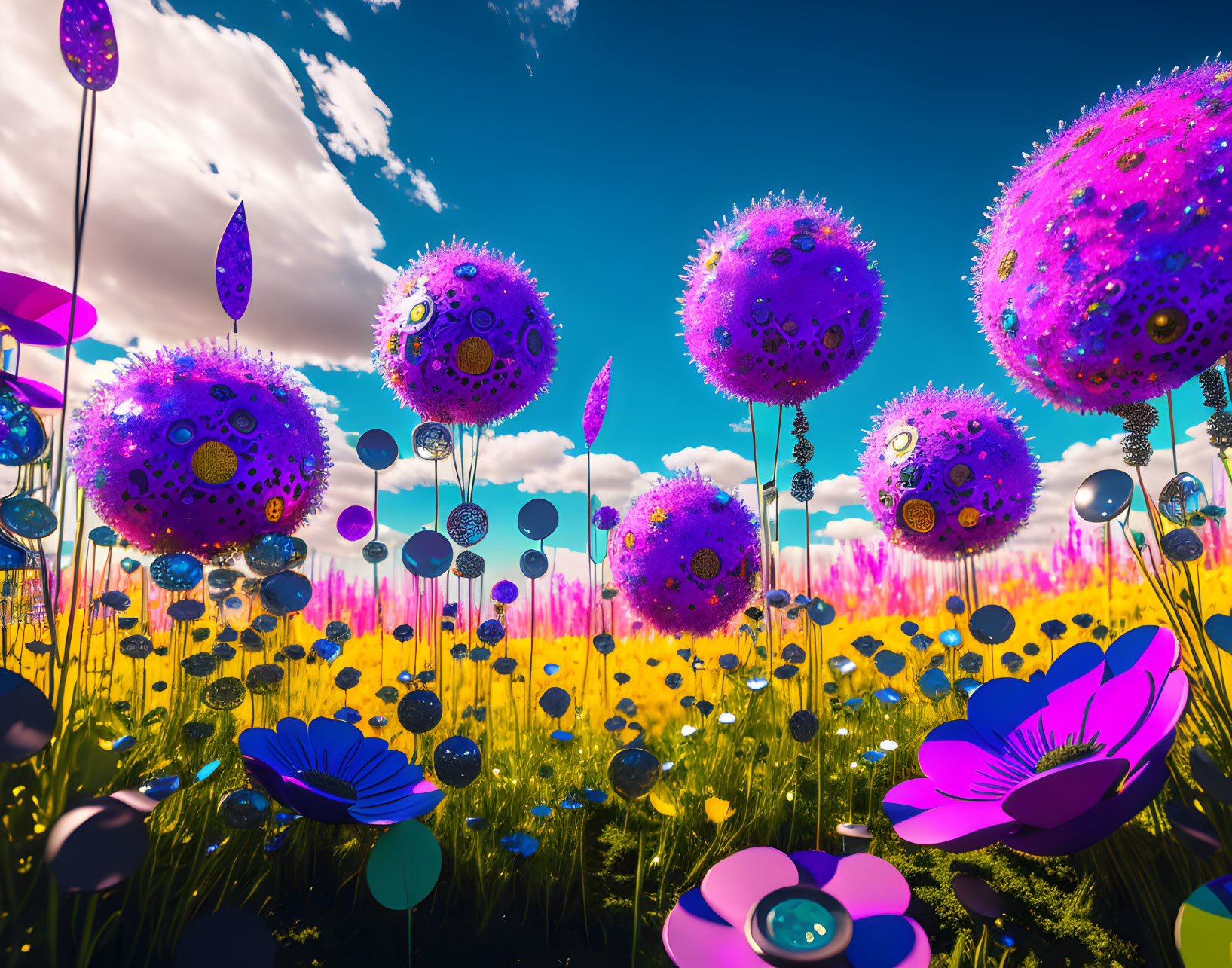 Fantasy landscape: Pink and purple flowers under blue sky