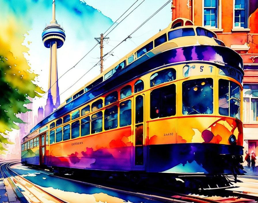 Colorful Watercolor Illustration of City Tram and Observation Tower