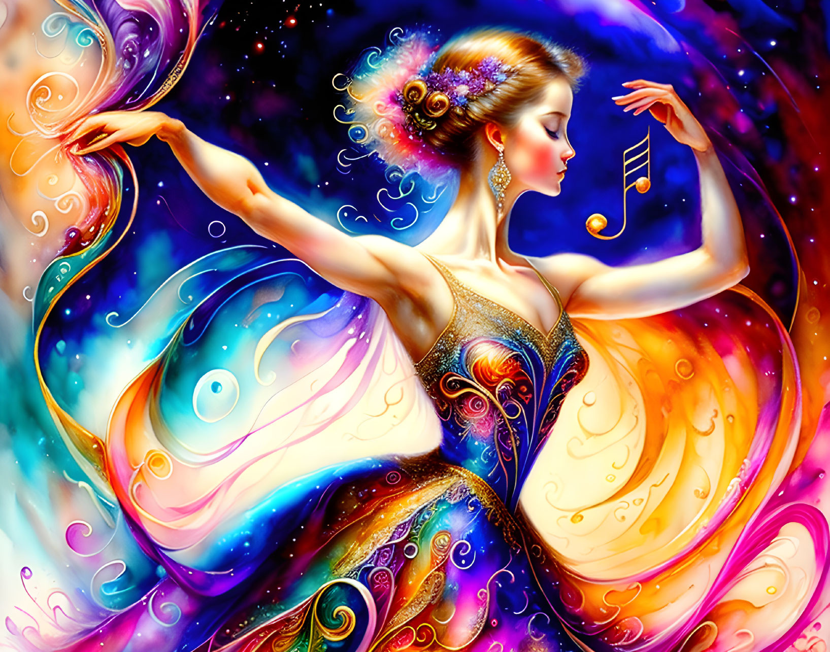 Colorful illustration: Woman with flowing hair in celestial theme