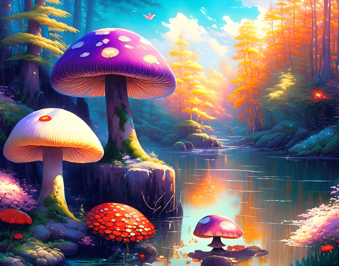 Colorful Mushroom Forest Scene by Serene River at Sunset