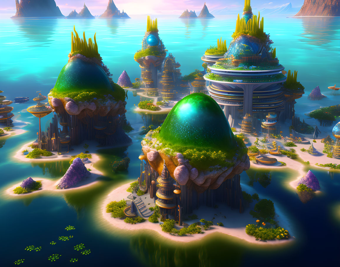 Fantastical landscape with lush green islands and advanced structures