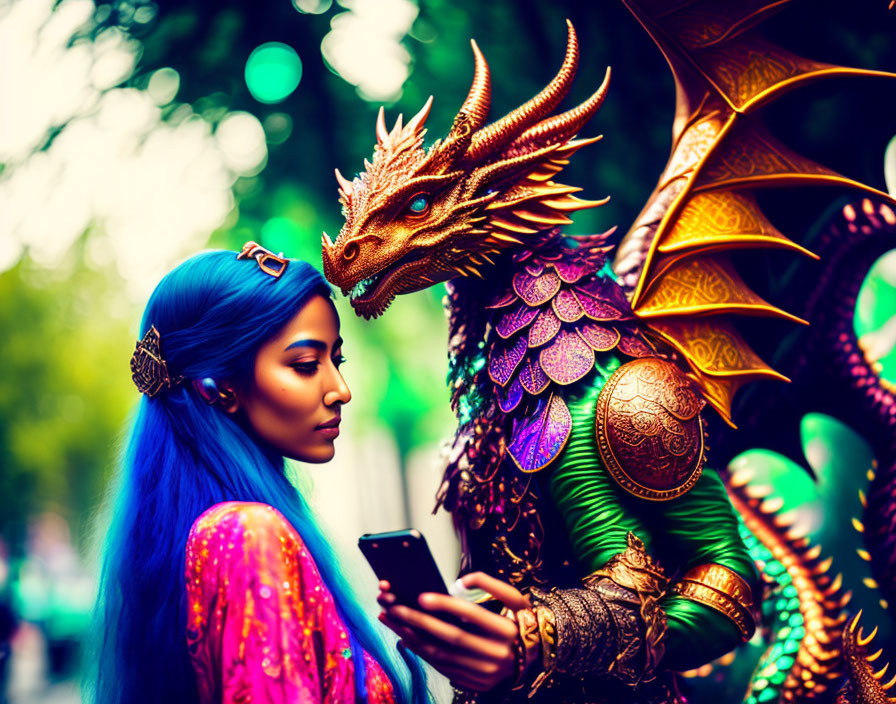 Vibrant blue-haired woman next to colorful dragon costume under green foliage