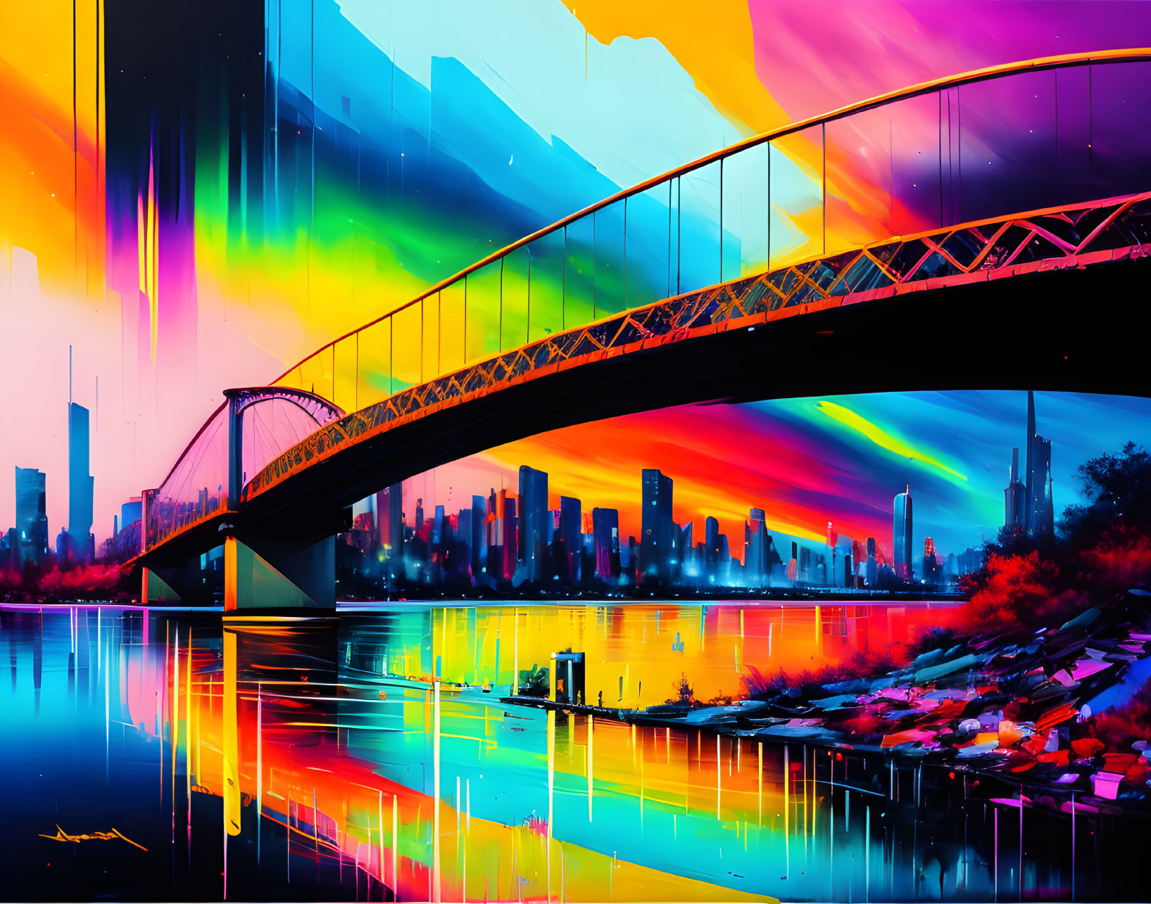 Colorful Cityscape Reflection with Bridge, Skyscrapers, and Sunset Sky