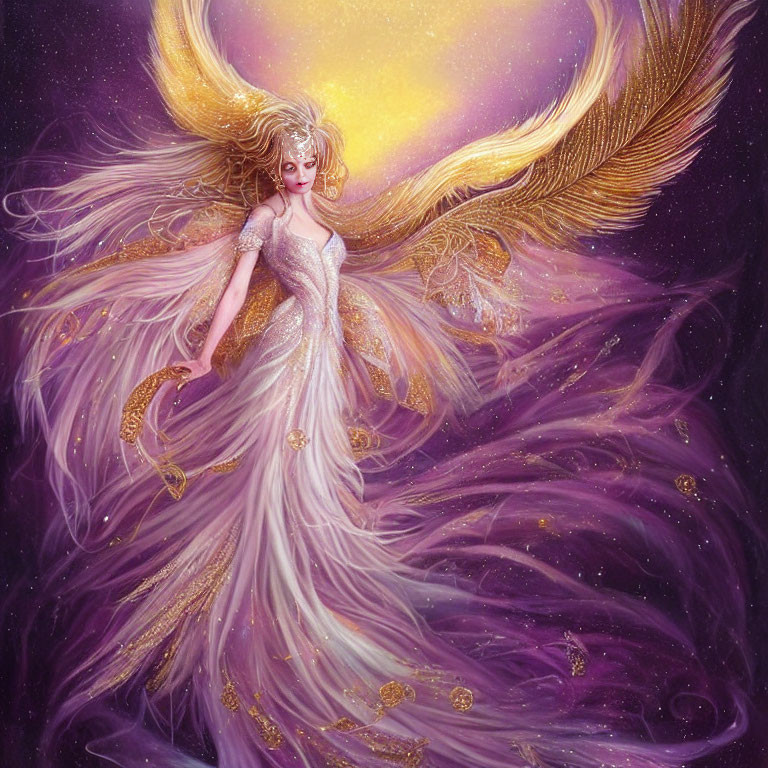 Ethereal winged figure in golden accents and flowing purple gown.