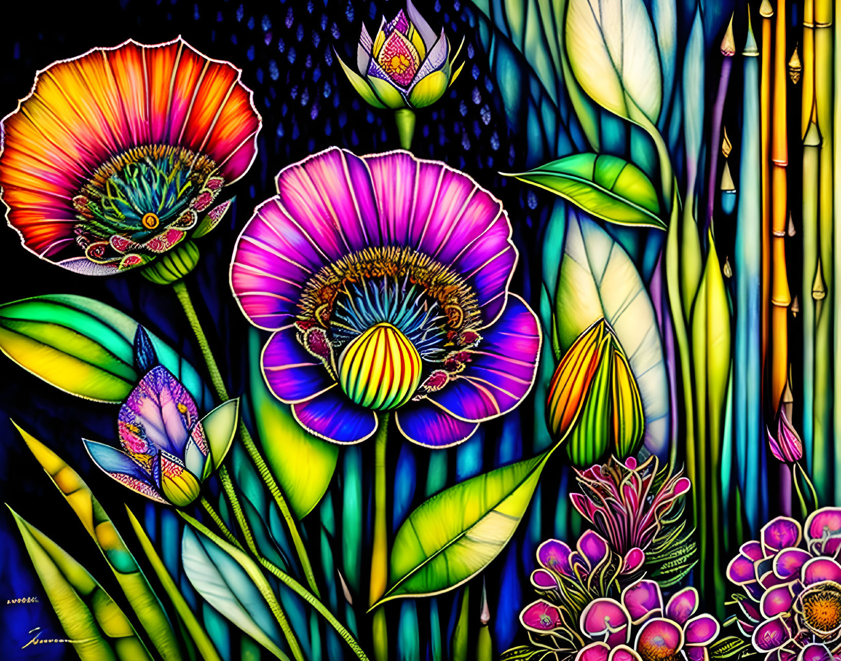 Colorful Stained Glass-Style Floral and Bamboo Illustration