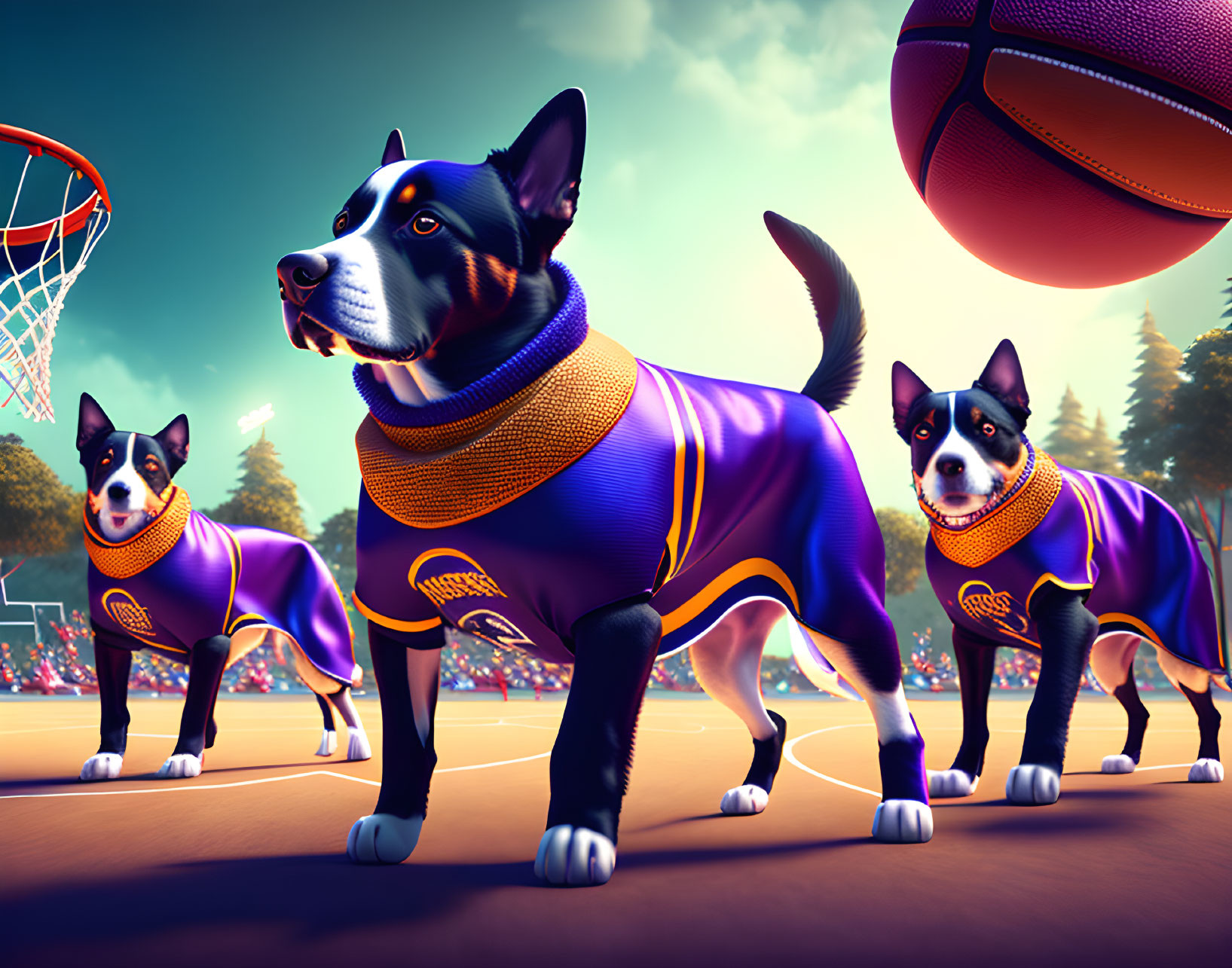 Three dogs in purple and gold basketball uniforms on court with bouncing basketball