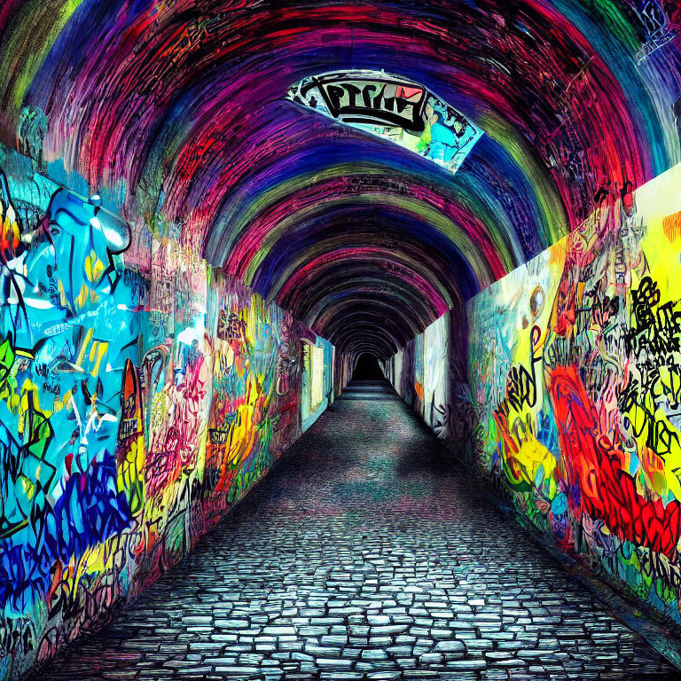 Colorful Graffiti Tunnel with Cobblestone Pathway