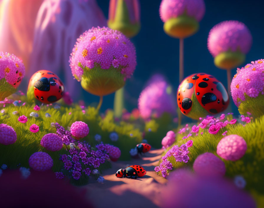 Vibrant ladybugs in whimsical floral setting