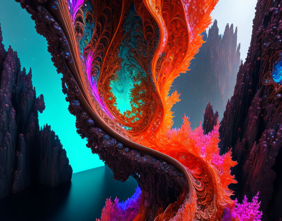 Colorful fractal landscape with swirling patterns and mysterious structures