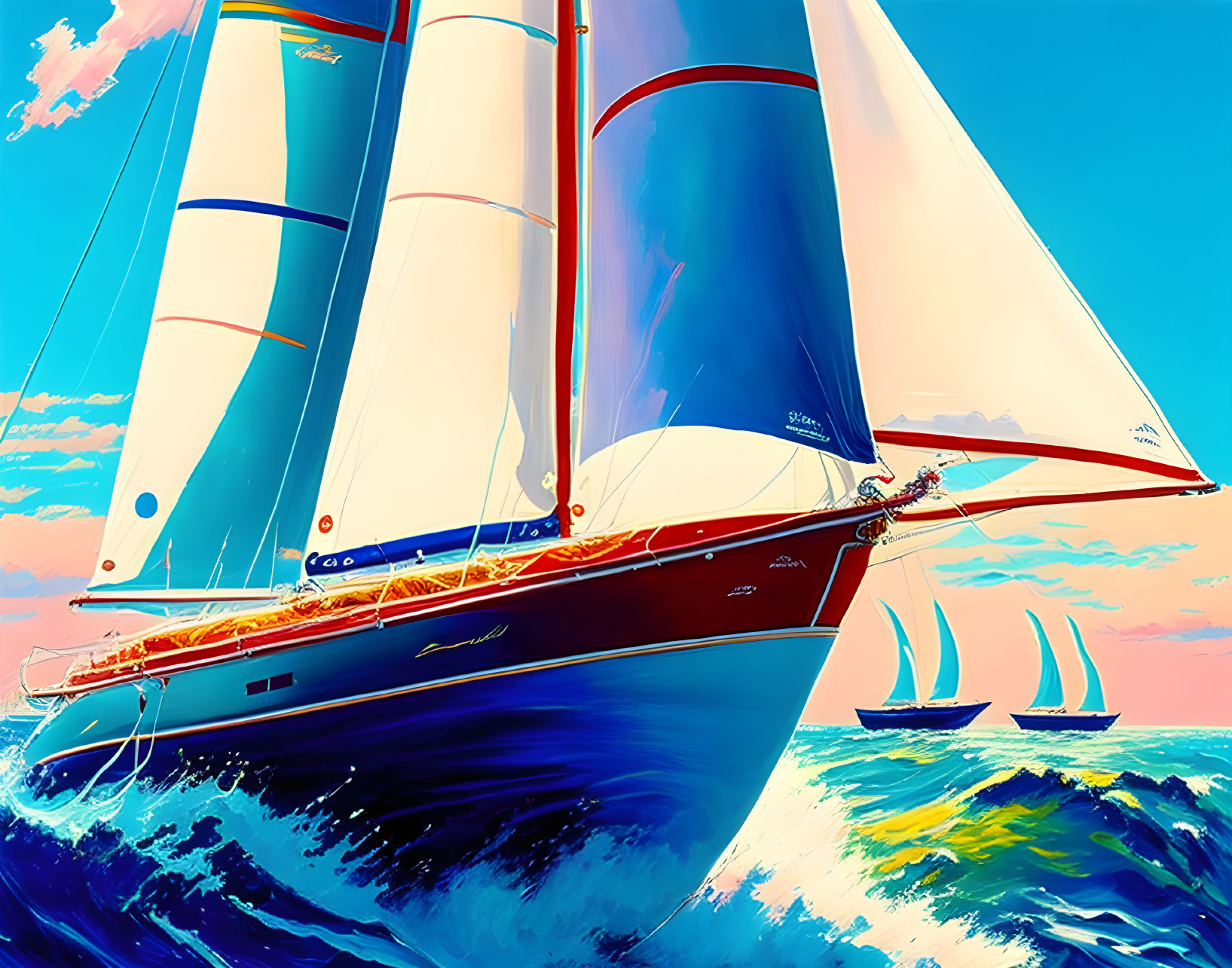 Digital art: Sailing yacht with billowing sails on a sunny day