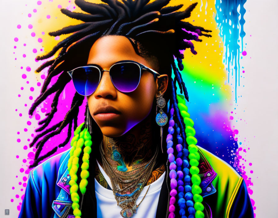 Colorful Background with Person in Reflective Sunglasses and Dreadlocks