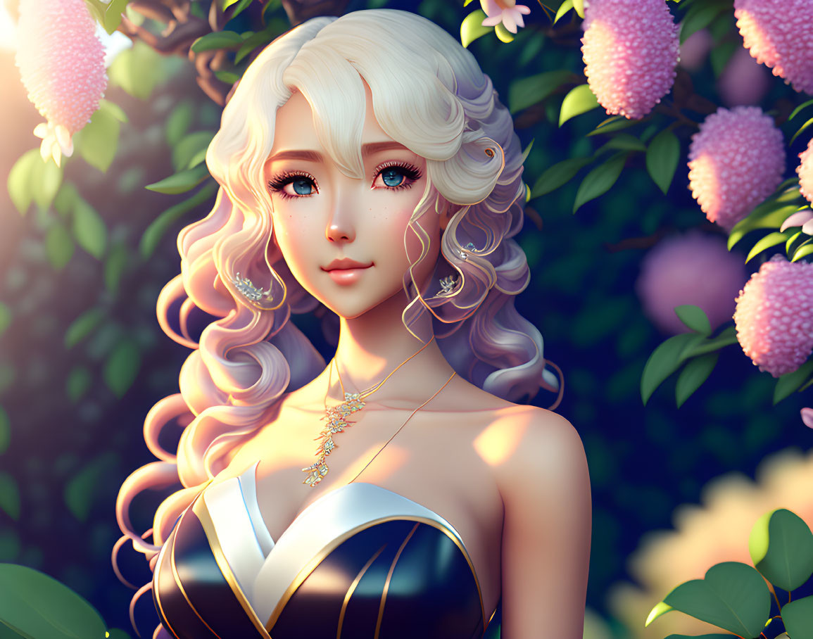 Blonde Woman with Blue Eyes Surrounded by Pink Blossoms