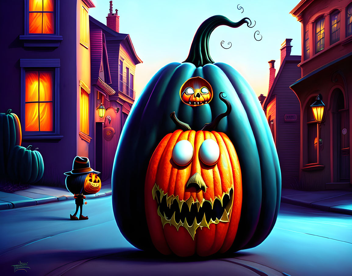 Whimsical carved pumpkin illustration on eerie twilight street